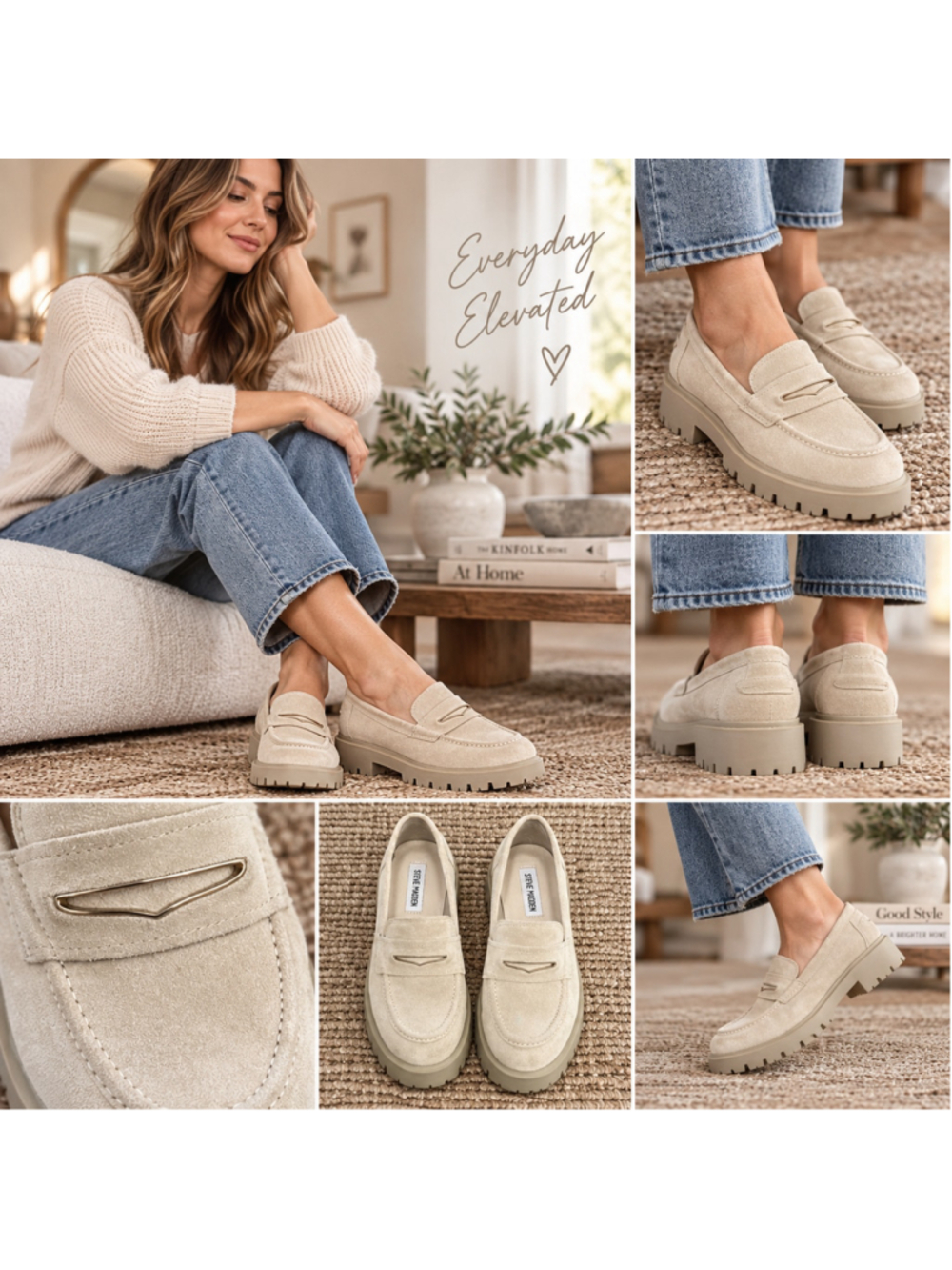 Steve Madden Lawrence Cream Suede Lug Sole Loafers Size 9 Preppy Minimalist